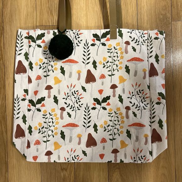 Eccolo MUSHROOM POM POM Reusable Tote Cotton Canvas Bag Multi Botanical - Picture 7 of 12